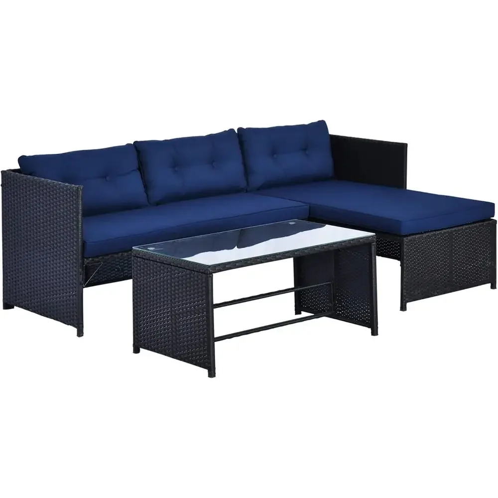 Blue L-Shaped Rattan Outdoor S - Rattan Lounge Set recension och pris
