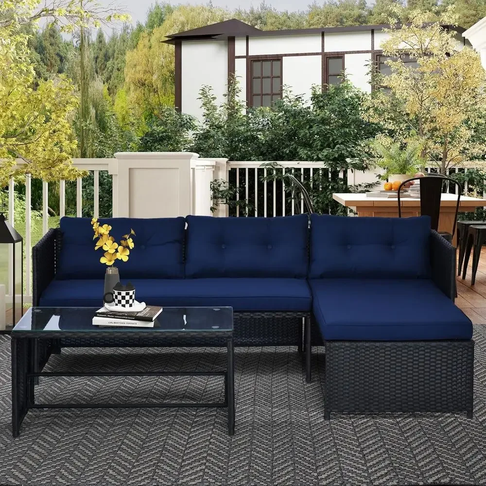 Blue L-Shaped Rattan Outdoor S - Rattan Lounge Set recension och pris