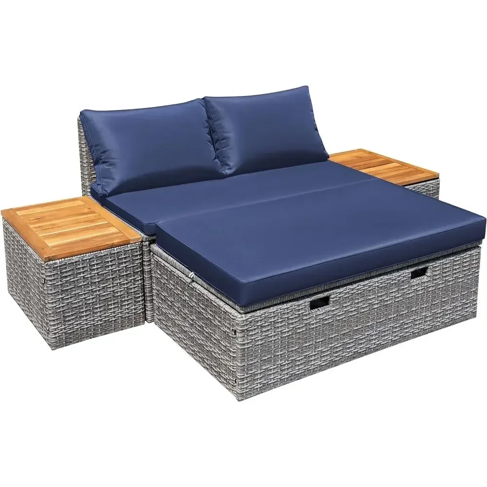 Navy Blue Outdoor Patio Daybed - Rattan Lounge Set recension och pris