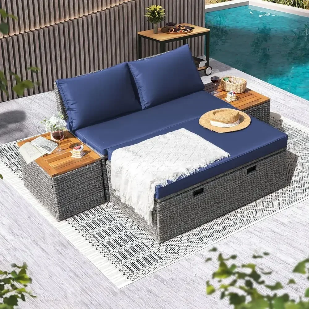 Navy Blue Outdoor Patio Daybed - Rattan Lounge Set recension och pris