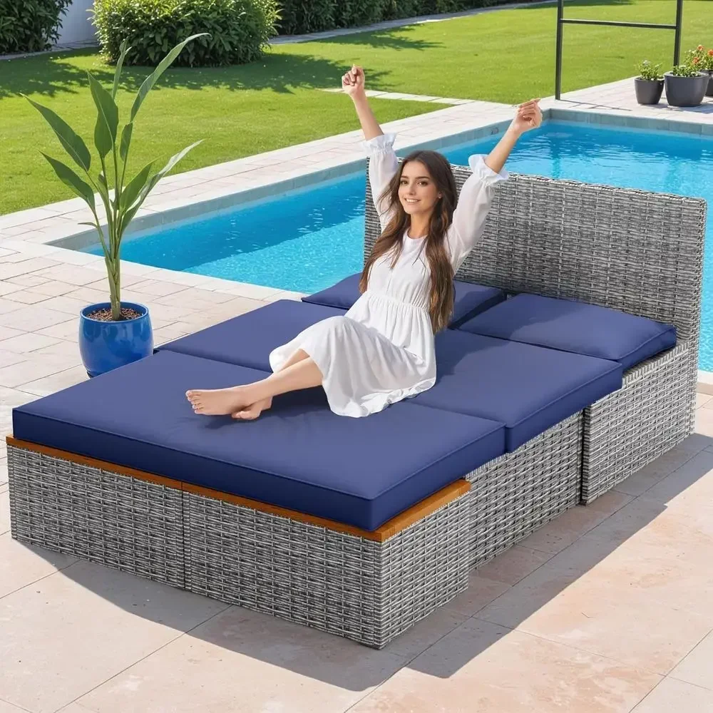 Navy Blue Outdoor Patio Daybed - Rattan Lounge Set recension och pris
