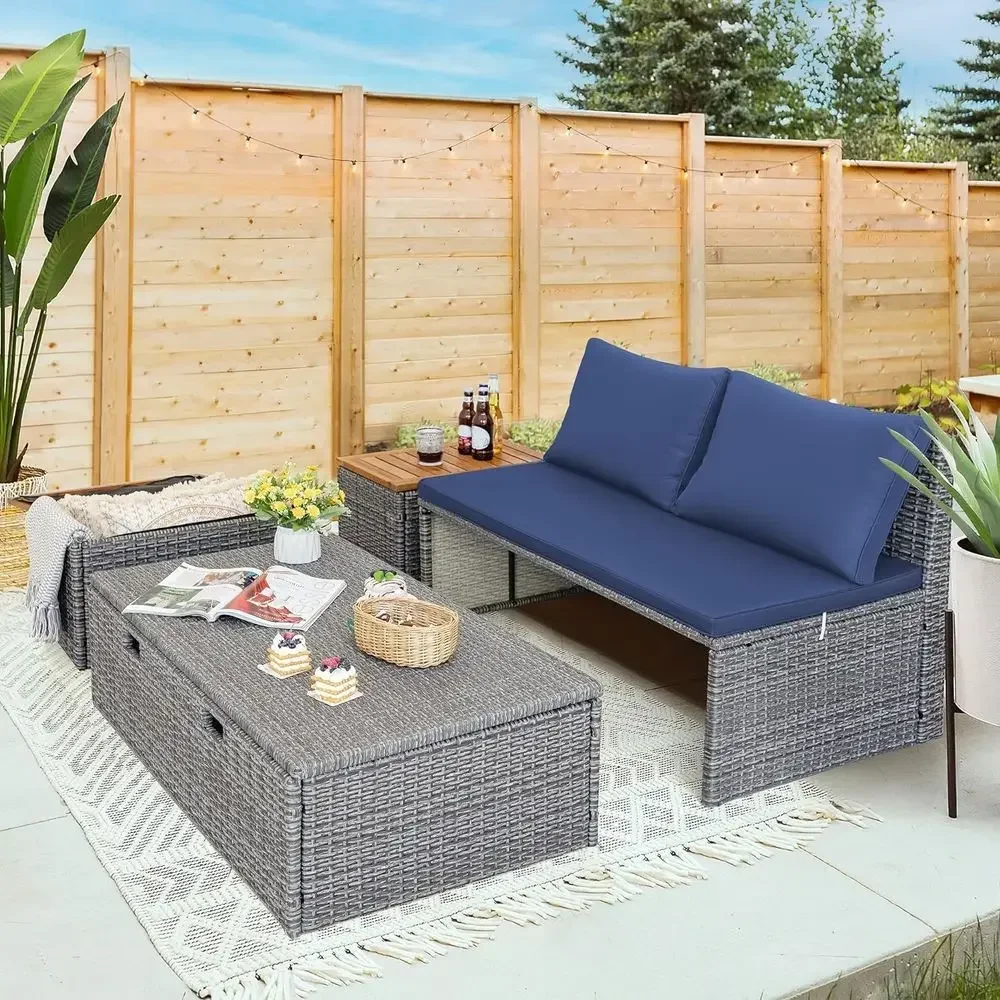 Navy Blue Outdoor Patio Daybed - Rattan Lounge Set recension och pris